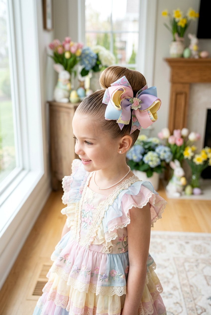 High Bun With Oversized Easter Bow - 20 easter hairstyles for little girls with bows - 20 easter hairstyles for little girls with bows
