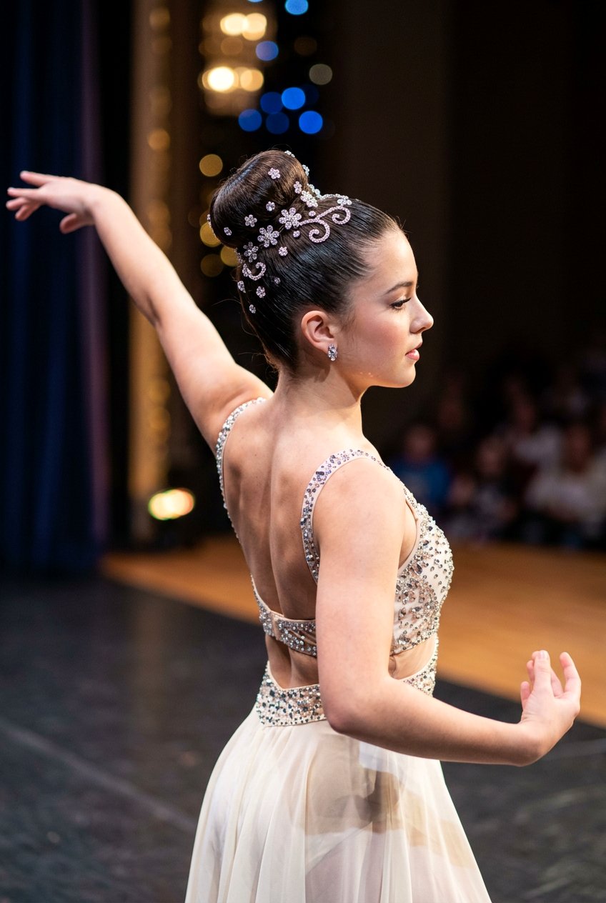 High Bun With Rhinestone Accessories - 20 competition dance hairstyles - 20 competition dance hairstyles