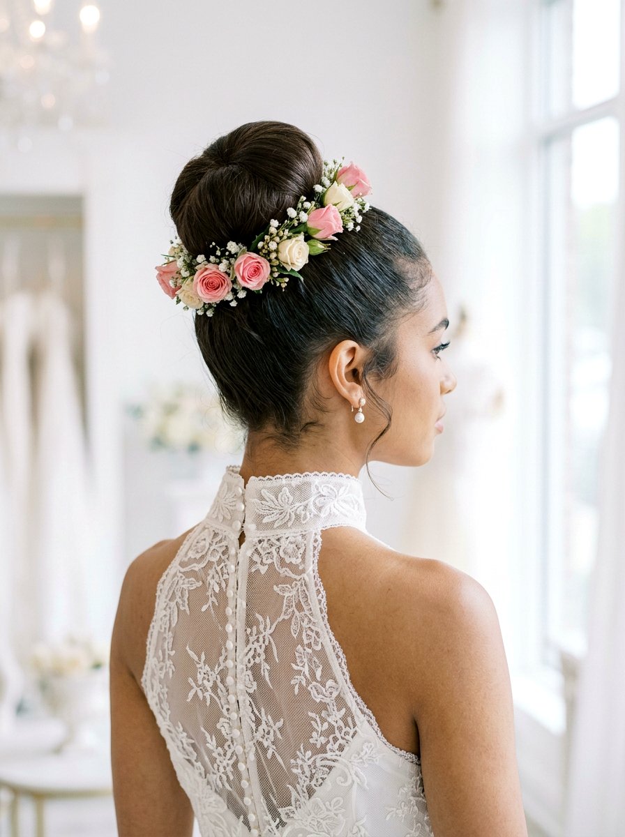 High Bun With Rose Accents - 20 wedding hairstyles with flowers - 20 wedding hairstyles with flowers