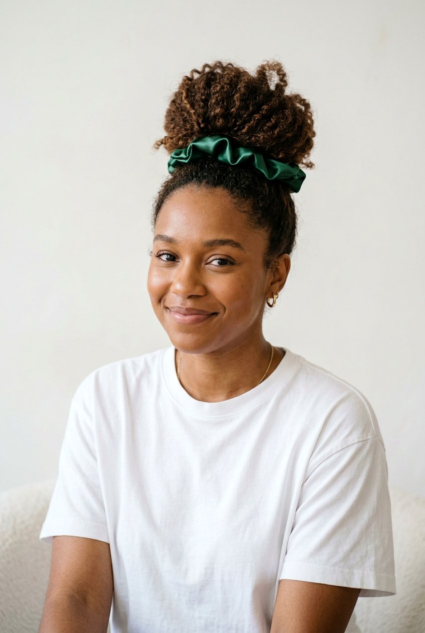 High Bun With Satin Scrunchie - 20 low tension protective hairstyles - 20 low tension protective hairstyles