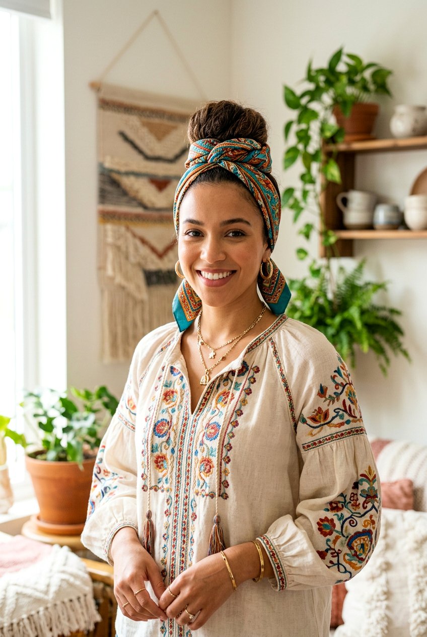 High Bun With Scarf - 20 hairstyle for postpartum baby hairs - 20 hairstyle for postpartum baby hairs