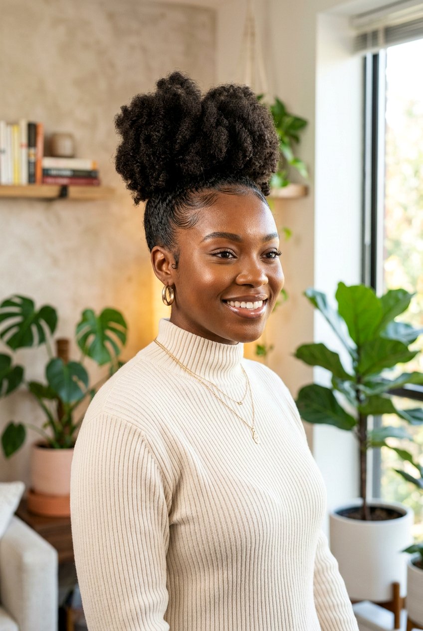 High Bun on Natural Hair - 20 no braid hairstyles - 20 no braid hairstyles