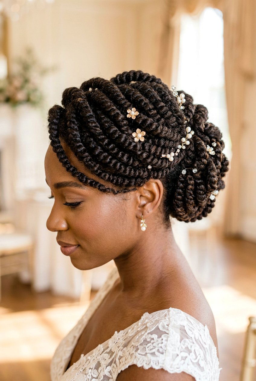High Bun with Braided Base and Veil Placement - 20 wedding updo for black women natural hair - 20 wedding updo for black women natural hair