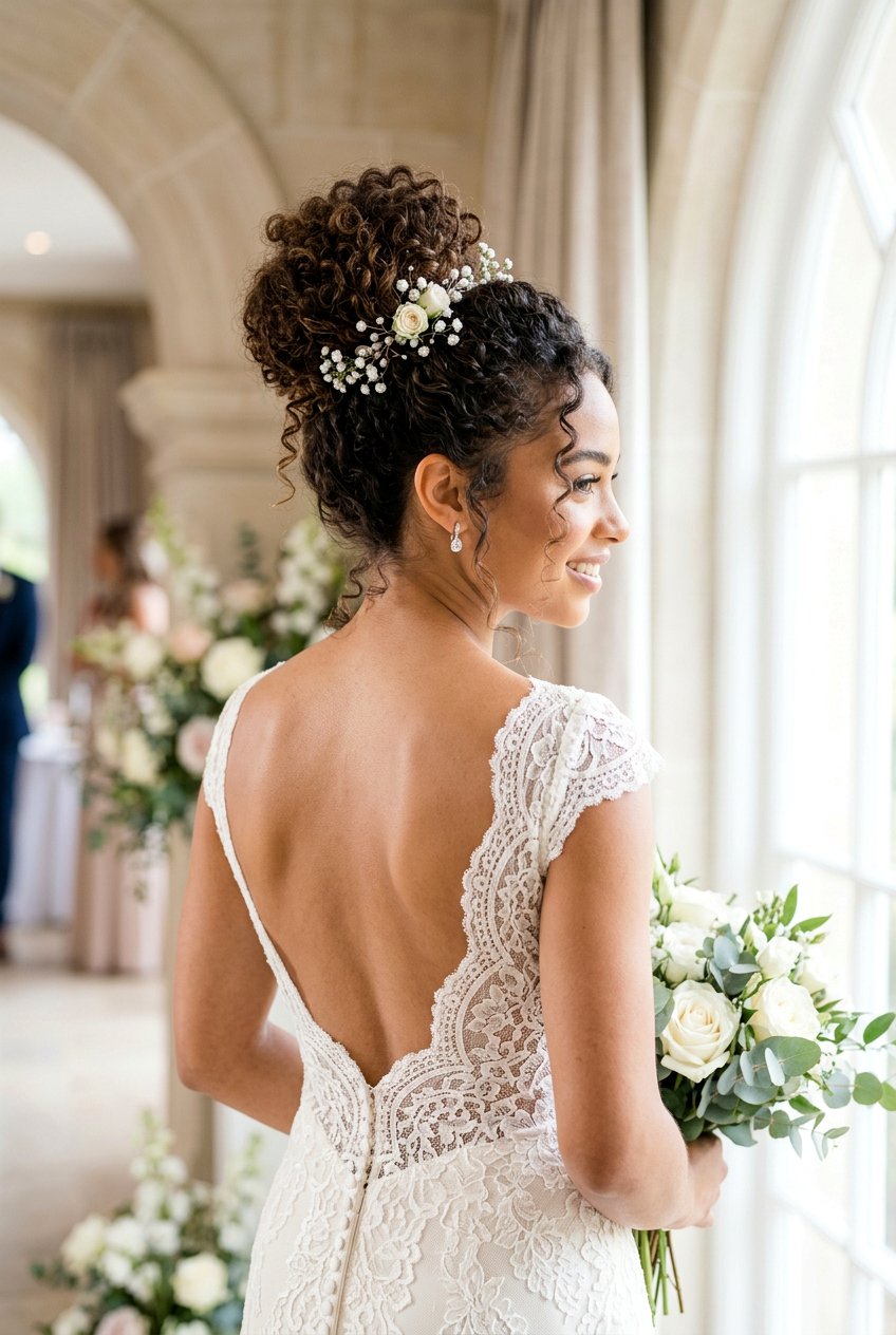 High Curly Bridal Bun - 20 bridal hairstyle for shoulder length curls - 20 bridal hairstyle for shoulder length curls