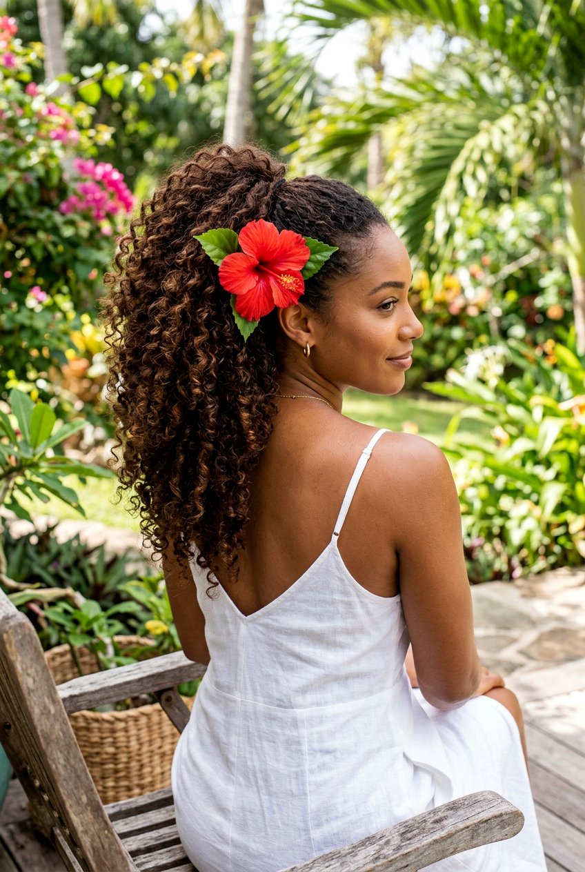 High Curly Ponytail With Hibiscus - 20 tropical ponytail hairstyle with curls - 20 tropical ponytail hairstyle with curls