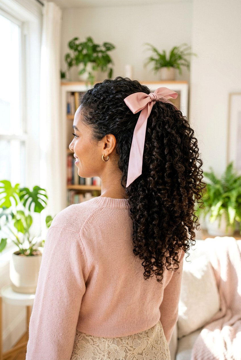 High Curly Ponytail With Silk Ribbon - 20 soft girl ponytail with curls - 20 soft girl ponytail with curls