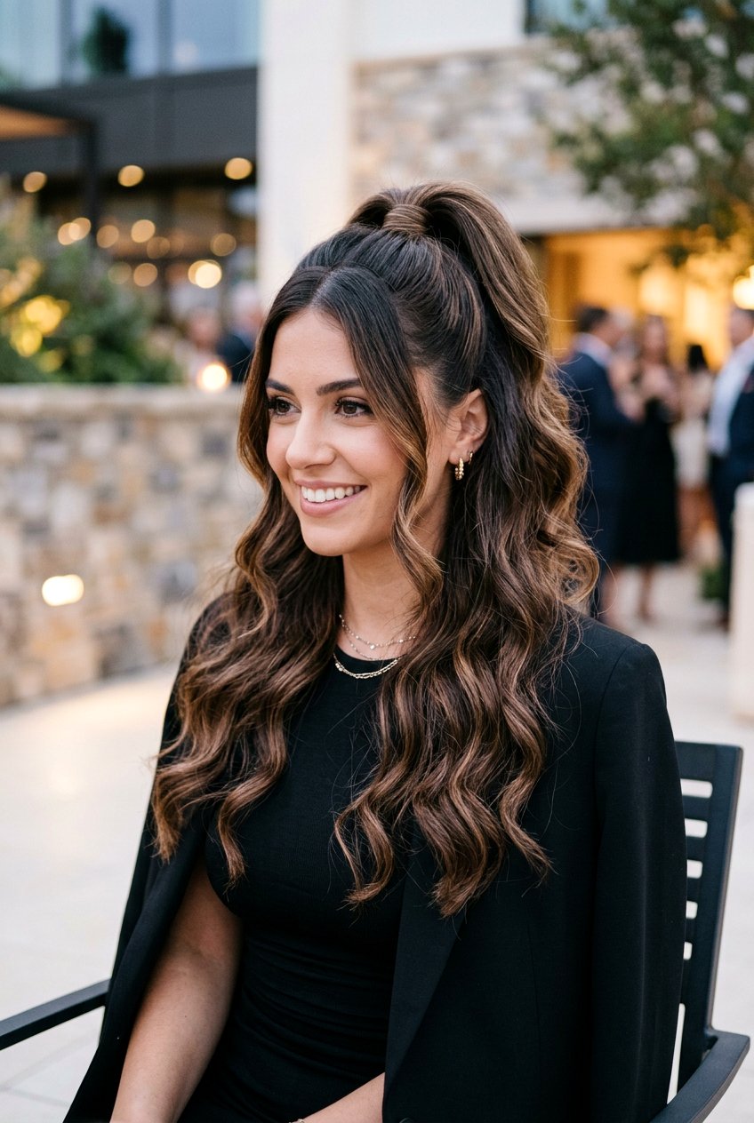 High Half Up Ponytail With Waves - 20 date night half up hairstyle - 20 date night half up hairstyle