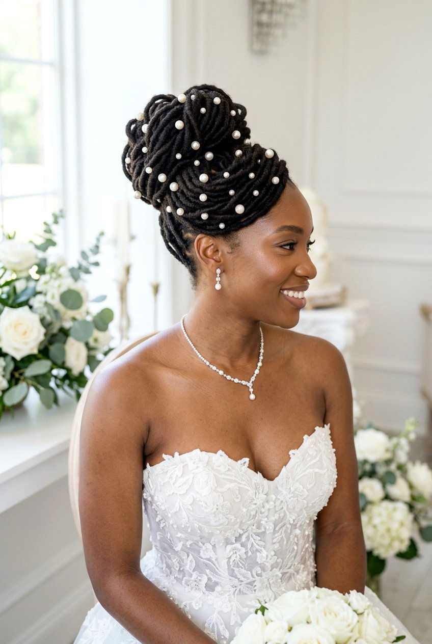 High Loc Bun with Pearl Pins for Wedding - 20 bridal loc bun with pearls - 20 bridal loc bun with pearls