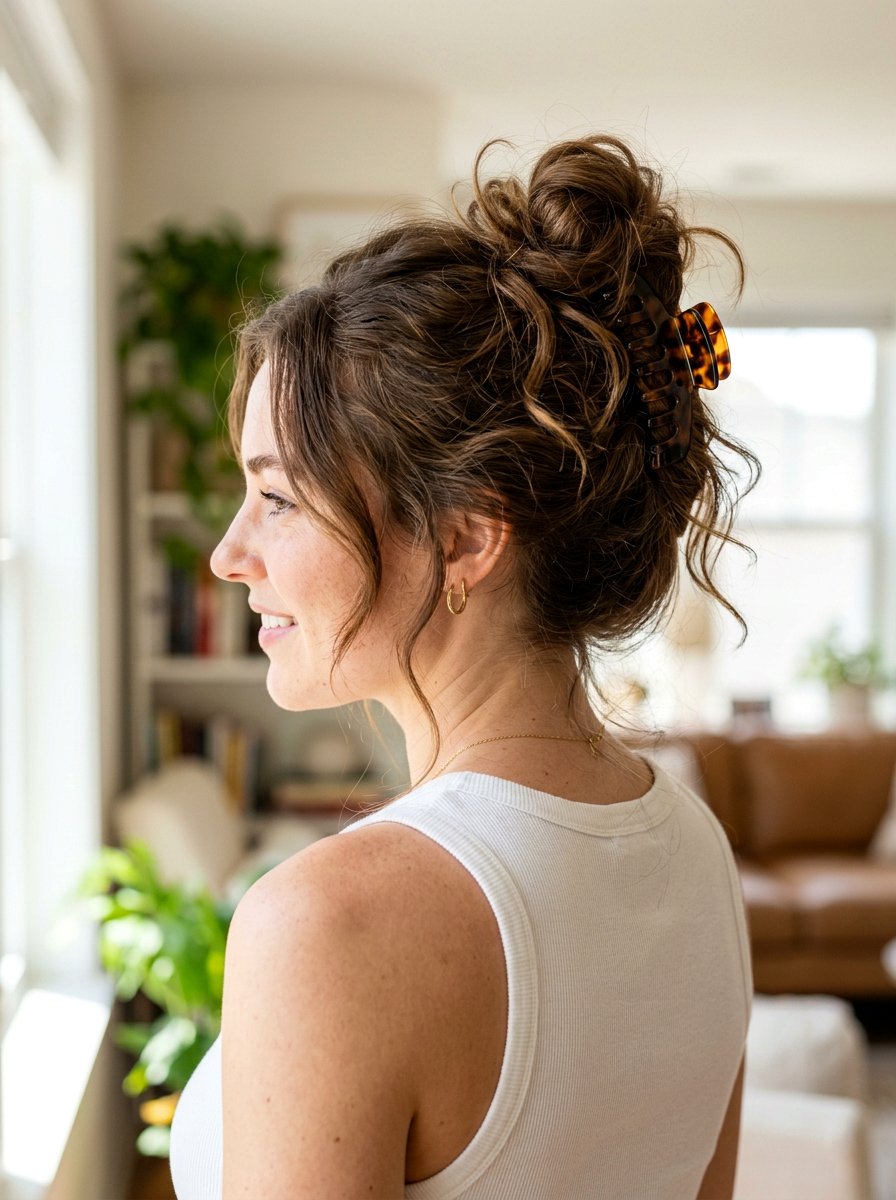 High Messy Bun With Claw Clip - 20 claw clip hairstyle for beach vacation - 20 claw clip hairstyle for beach vacation