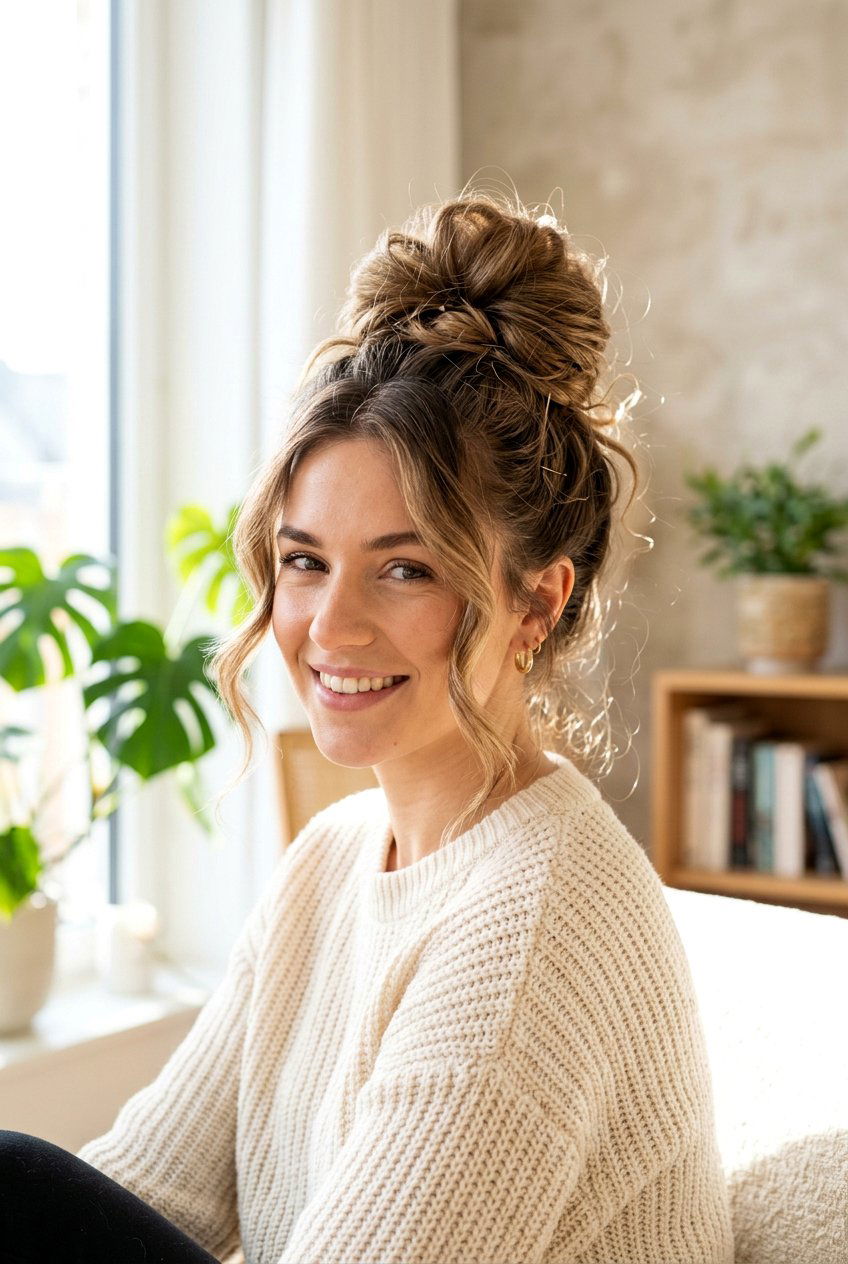 High Messy Bun for Moms - 20 easy hairstyles for moms - 20 easy hairstyles for moms