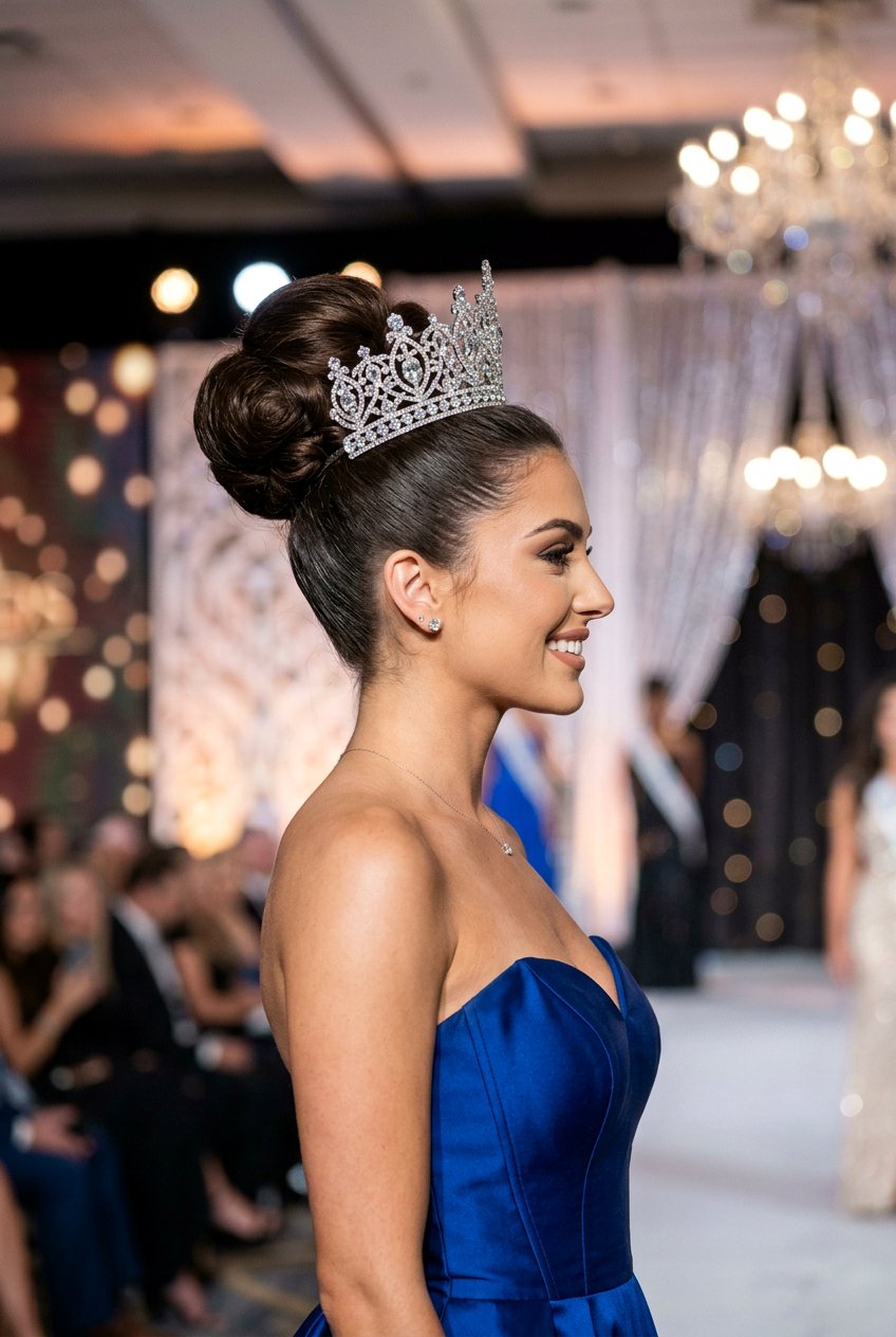 High Pageant Bun With Crown - 20 pageant updo hairstyles - 20 pageant updo hairstyles