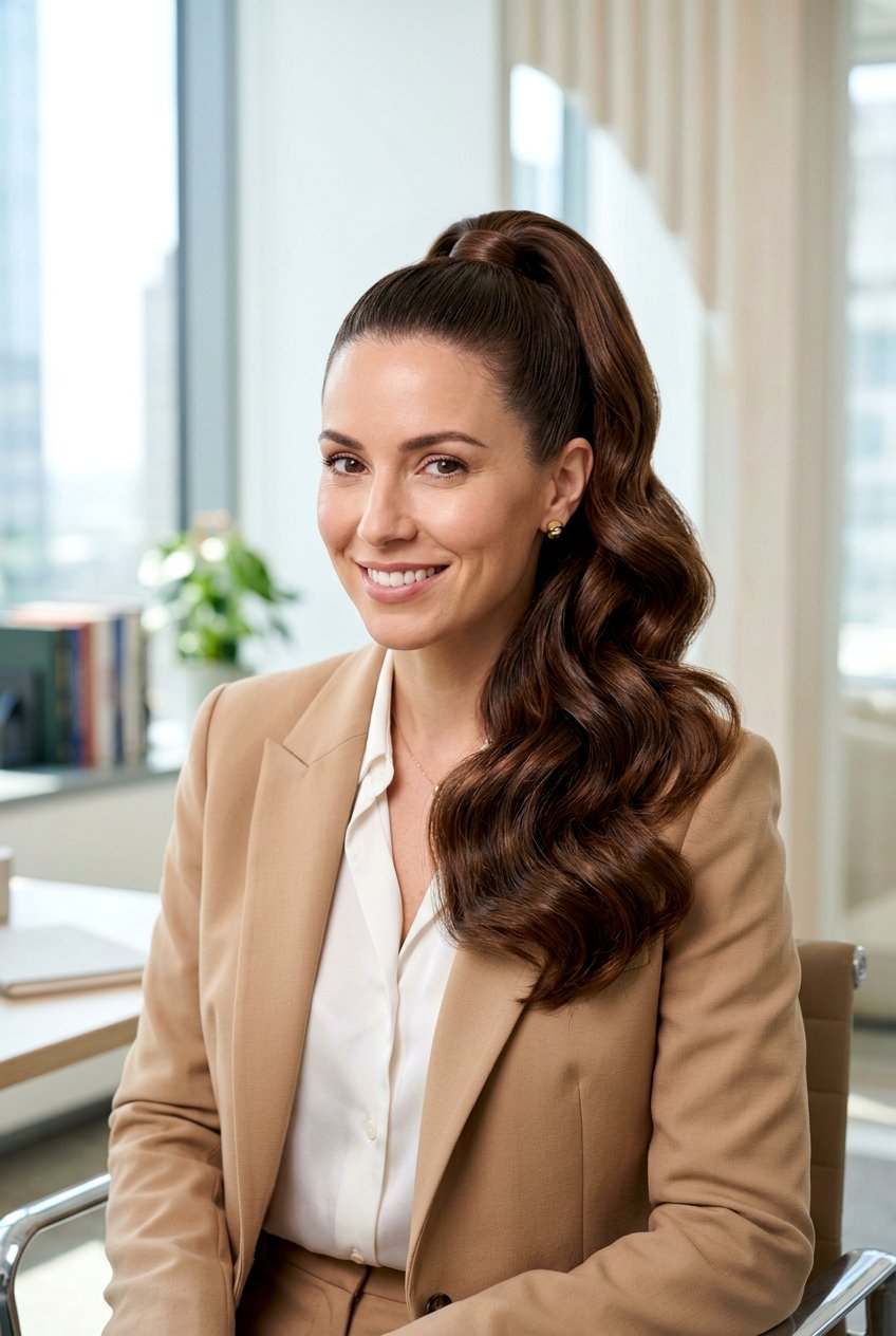 High Polished Ponytail - 20 office hairstyle for thick wavy hair - 20 office hairstyle for thick wavy hair