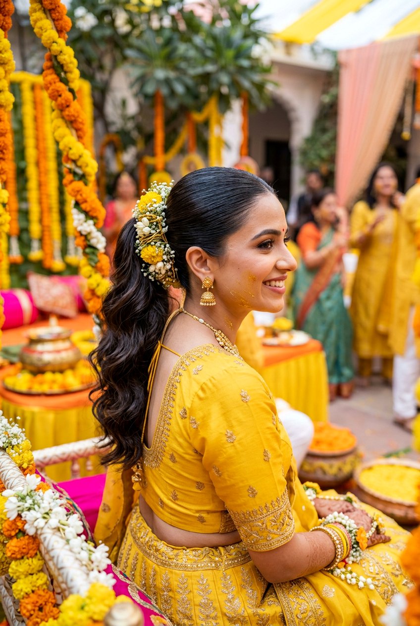 High Ponytail Haldi Hairstyle For Bride - 20 haldi hairstyles for bride - 20 haldi hairstyles for bride