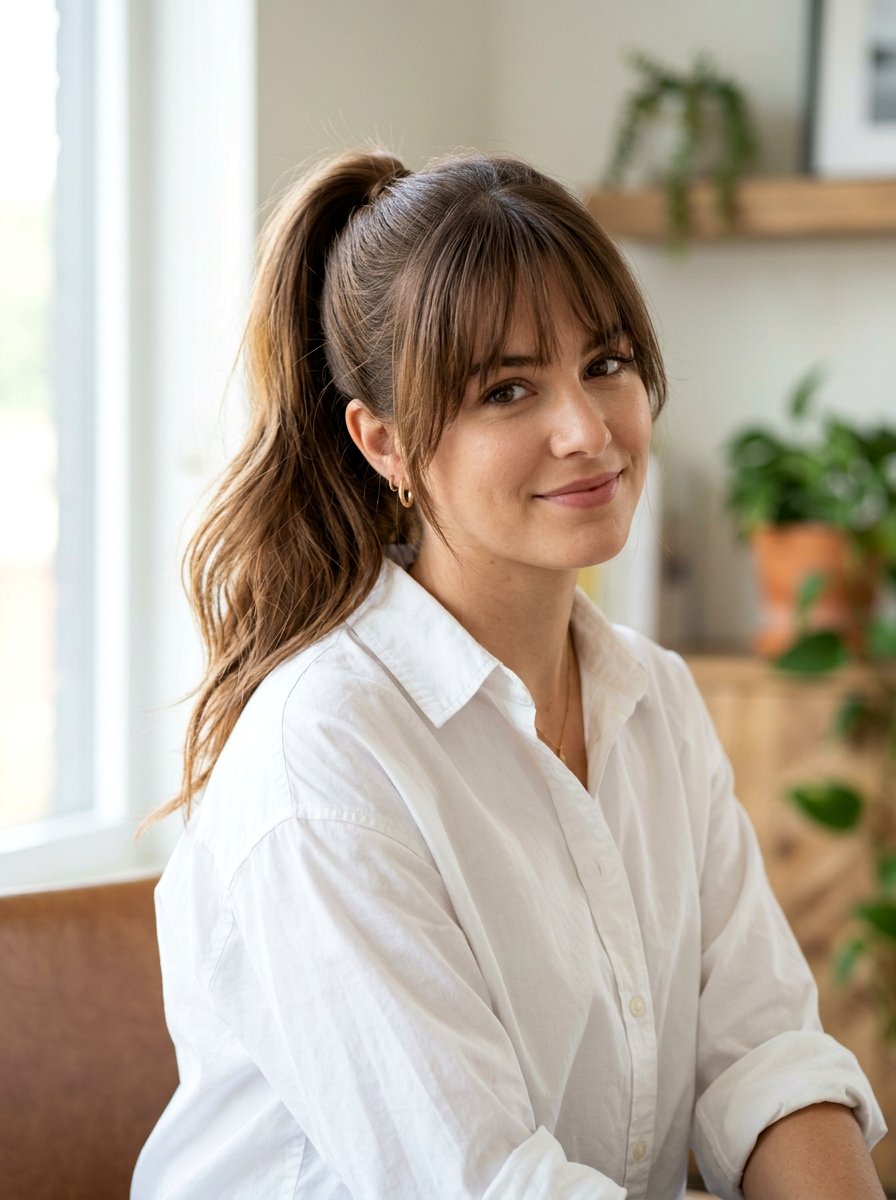 High Ponytail With Birkin Bangs - 20 light academia ponytail hairstyle - 20 light academia ponytail hairstyle