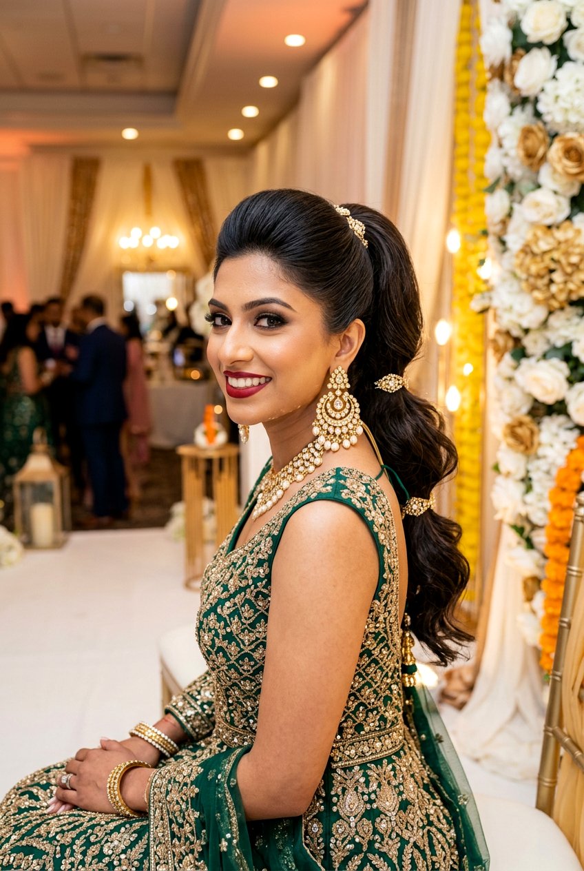 High Ponytail With Front Puff For Bride - 20 indian bridal ponytail hairstyle - 20 indian bridal ponytail hairstyle