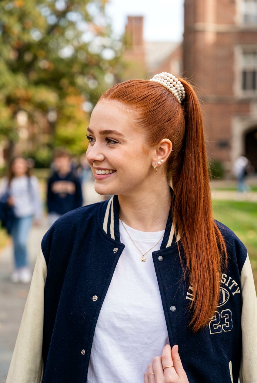 High Ponytail With Pearl Wrap Accessory - 20 school hairstyle with pearl clips - 20 school hairstyle with pearl clips