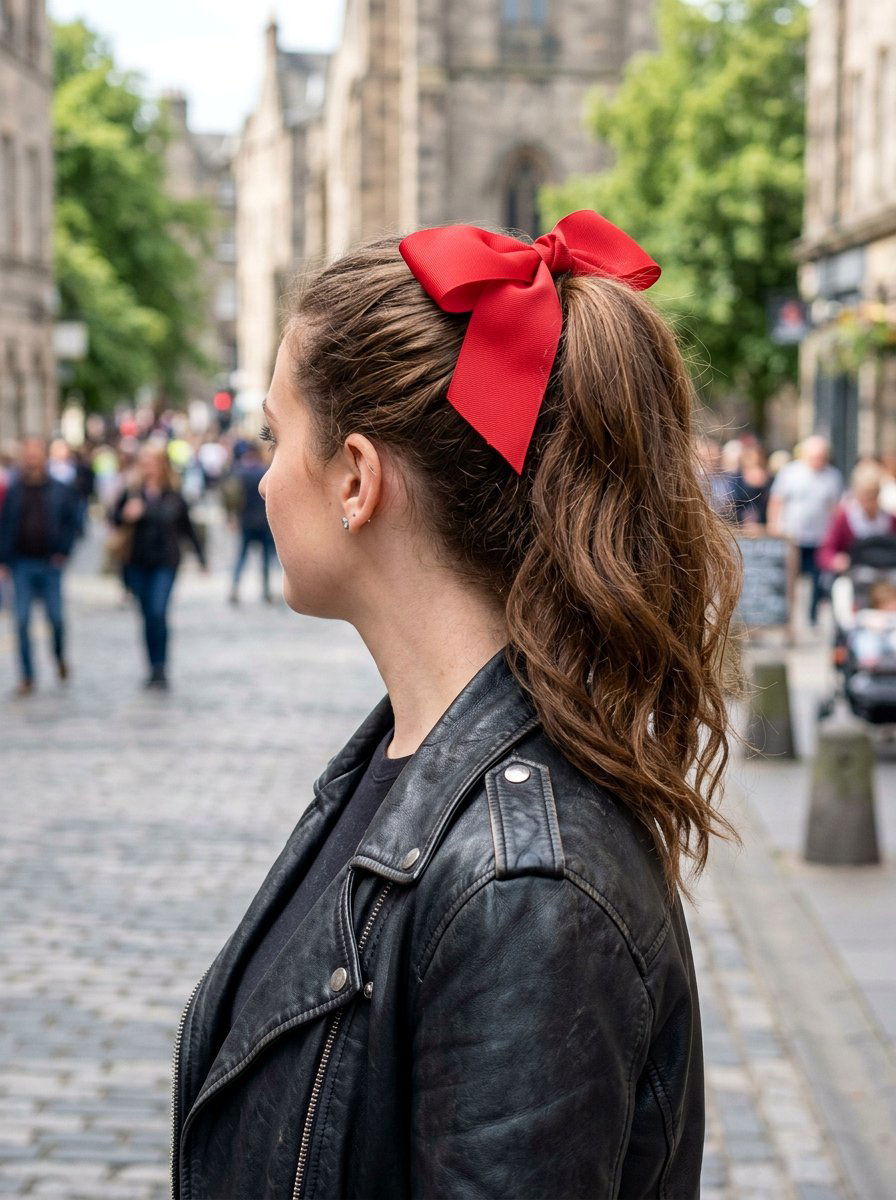 High Ponytail With Red Ribbon Bow - 20 red ribbons for medium brown hair - 20 red ribbons for medium brown hair
