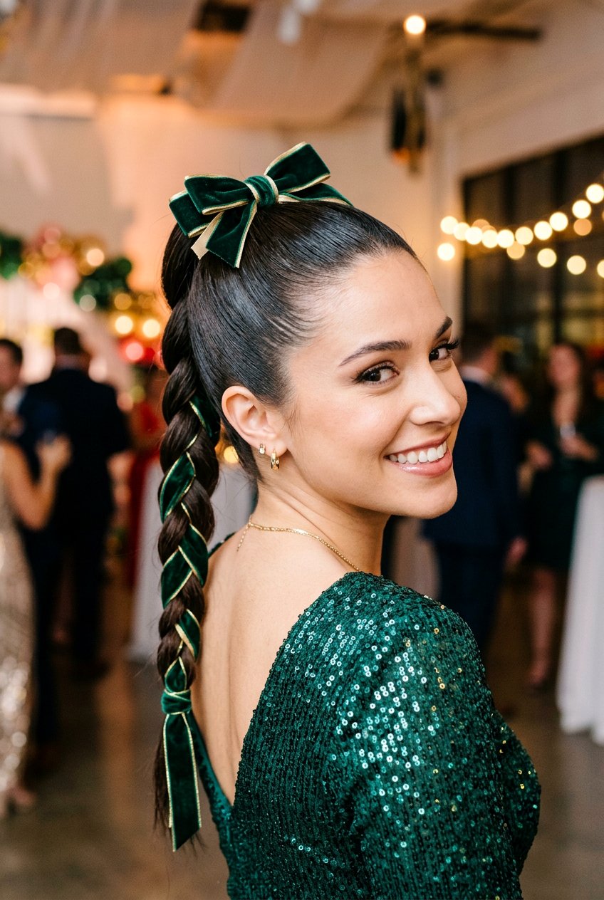 High Ponytail With Ribbon Braid And Bow - 20 holiday ponytail with bow - 20 holiday ponytail with bow