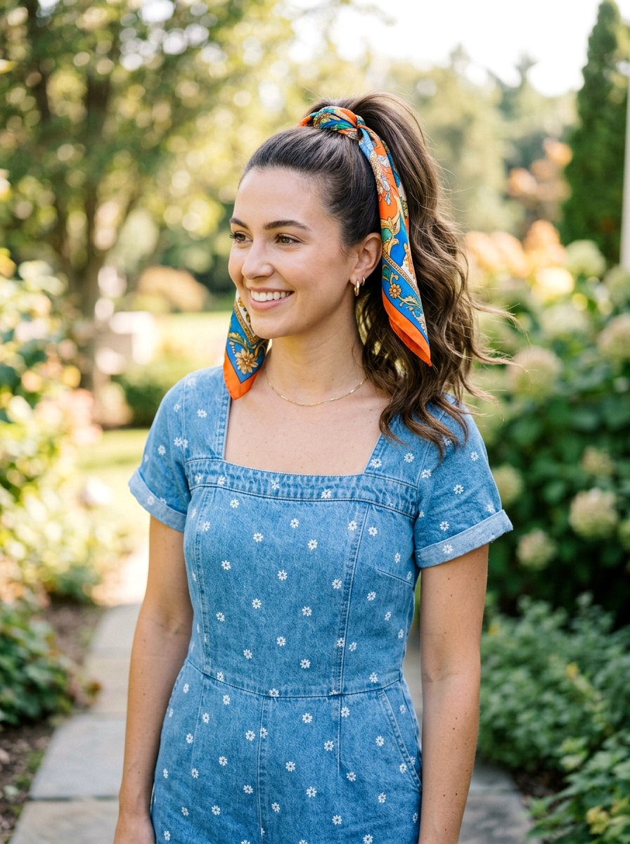 High Ponytail With Scarf - 20 simple hairstyle for beach trip - 20 simple hairstyle for beach trip