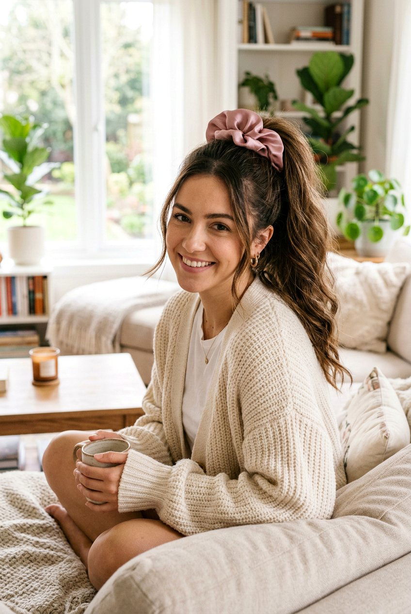 High Ponytail With Scrunchie - 20 hairstyle for postpartum baby hairs - 20 hairstyle for postpartum baby hairs