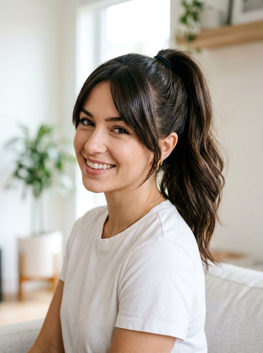 High Ponytail With Side Bangs For Photoshoot - 20 photo shoot ponytail hairstyle - 20 photo shoot ponytail hairstyle