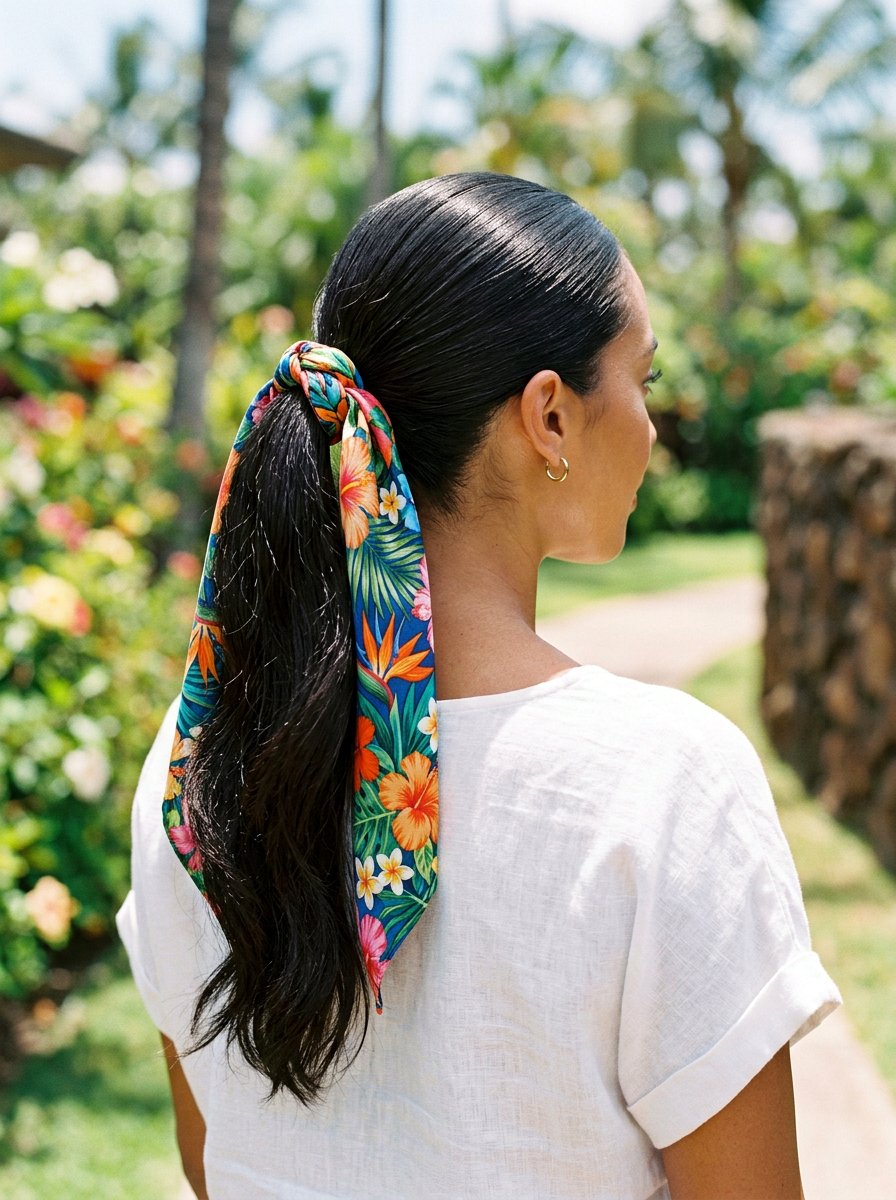 High Ponytail With Tropical Scarf Wrap - 20 vacation hairstyle with tropical scarf - 20 vacation hairstyle with tropical scarf