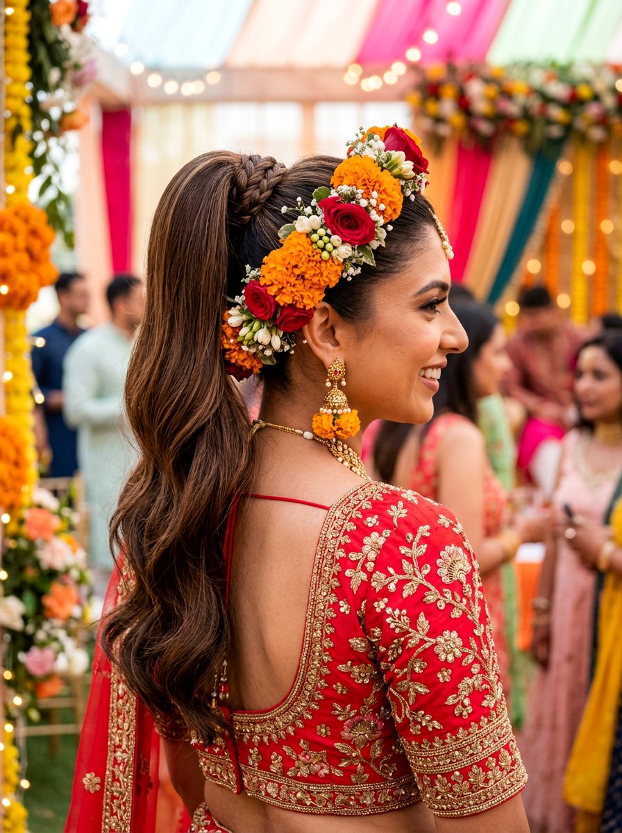 High Ponytail with Flower Crown - 20 sangeet ponytail hairstyle - 20 sangeet ponytail hairstyle