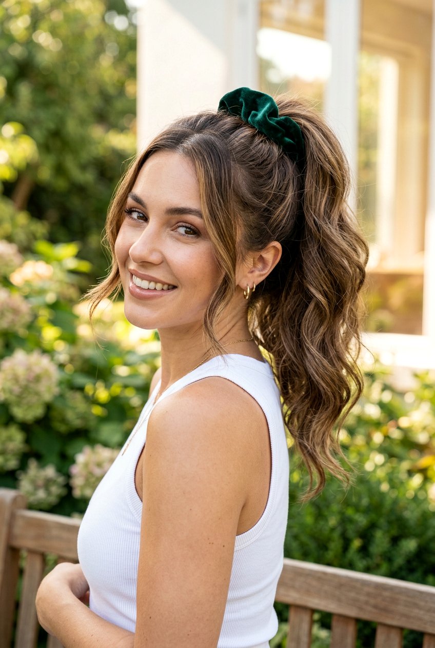 High Ponytail with Scrunchie - 20 airport hairstyle for medium hair - 20 airport hairstyle for medium hair