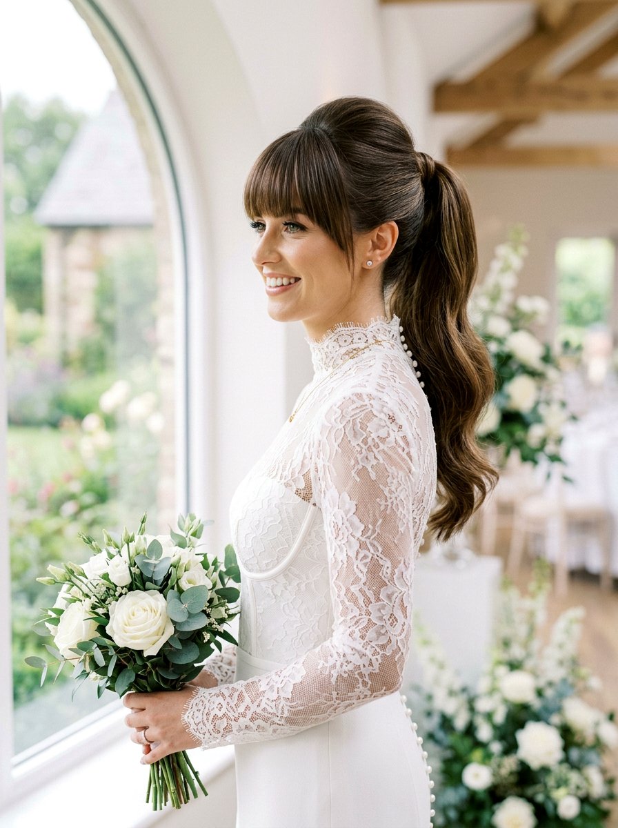 High Ponytail with Straight Bangs - 20 wedding hairstyles for brides with bangs - 20 wedding hairstyles for brides with bangs