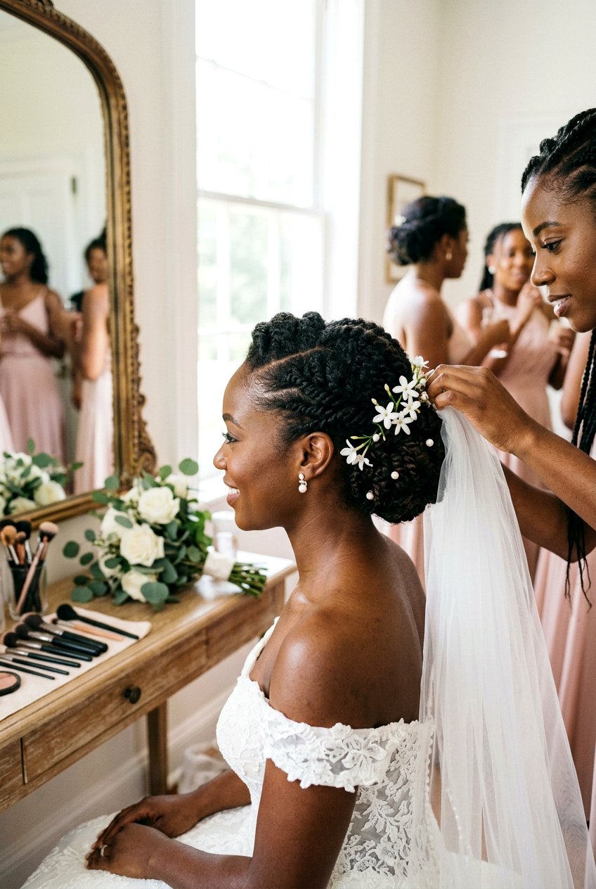 High Puff Bun with Pearl Pin Accents - 20 wedding updo for black women natural hair - 20 wedding updo for black women natural hair