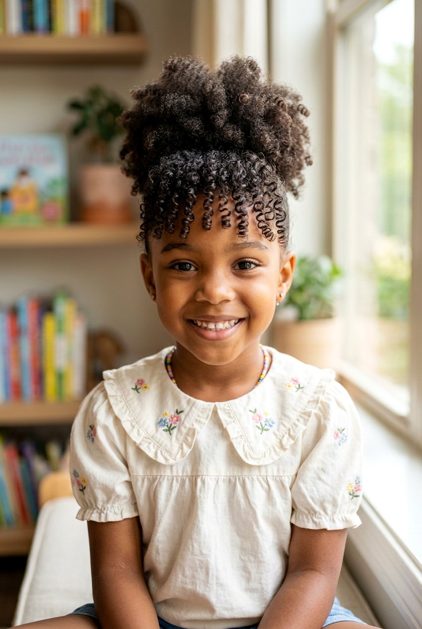 High Puff With Curly Bangs - 20 natural puff styles for little girls - 20 natural puff styles for little girls