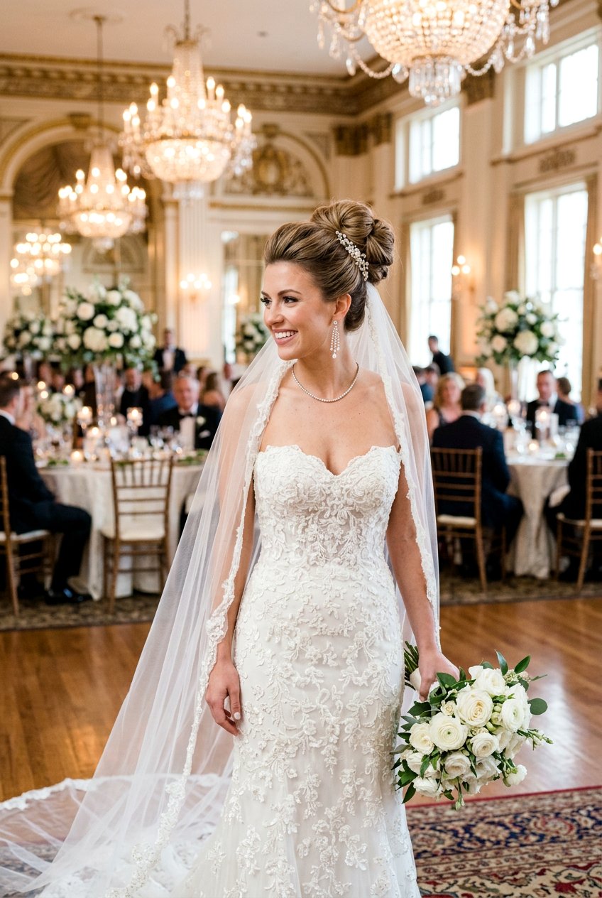 High Side Bun Bridal Hair With Veil - 20 bridal side bun with veil - 20 bridal side bun with veil