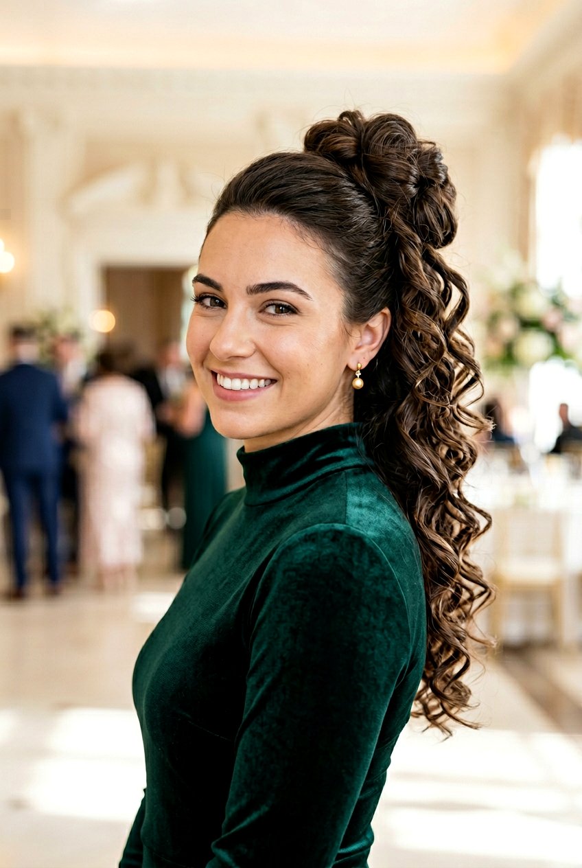 High Side Bun With Cascading Curls - 20 bridesmaid side bun with curls - 20 bridesmaid side bun with curls