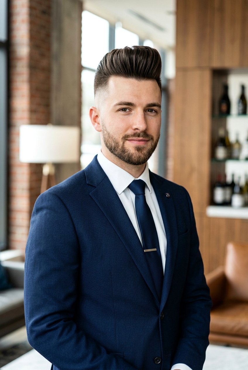 High Skin Fade Pompadour - 20 mens haircut for round chubby face - 20 men’s haircut for round chubby face