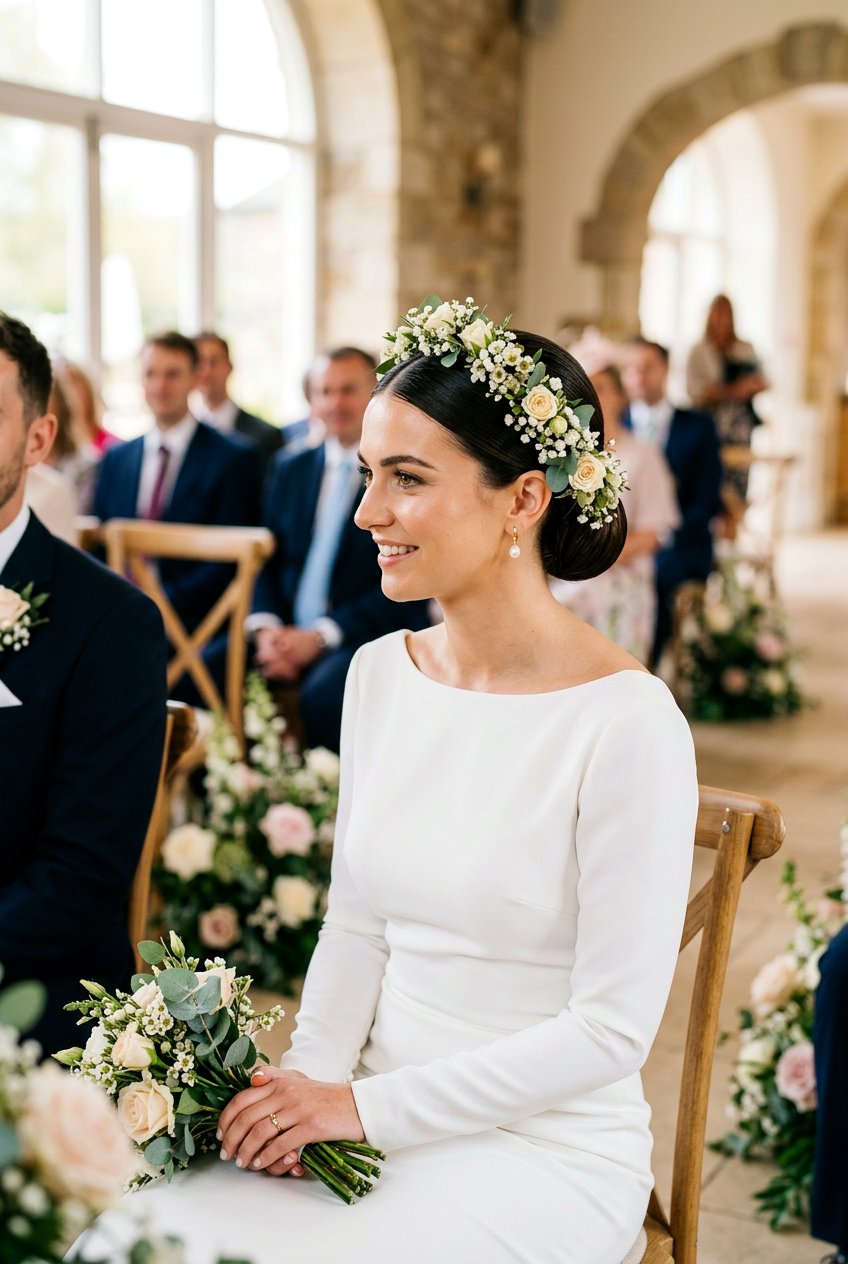 High Sleek Bridal Bun With Floral Wreath - 20 wedding bun with flowers - 20 wedding bun with flowers