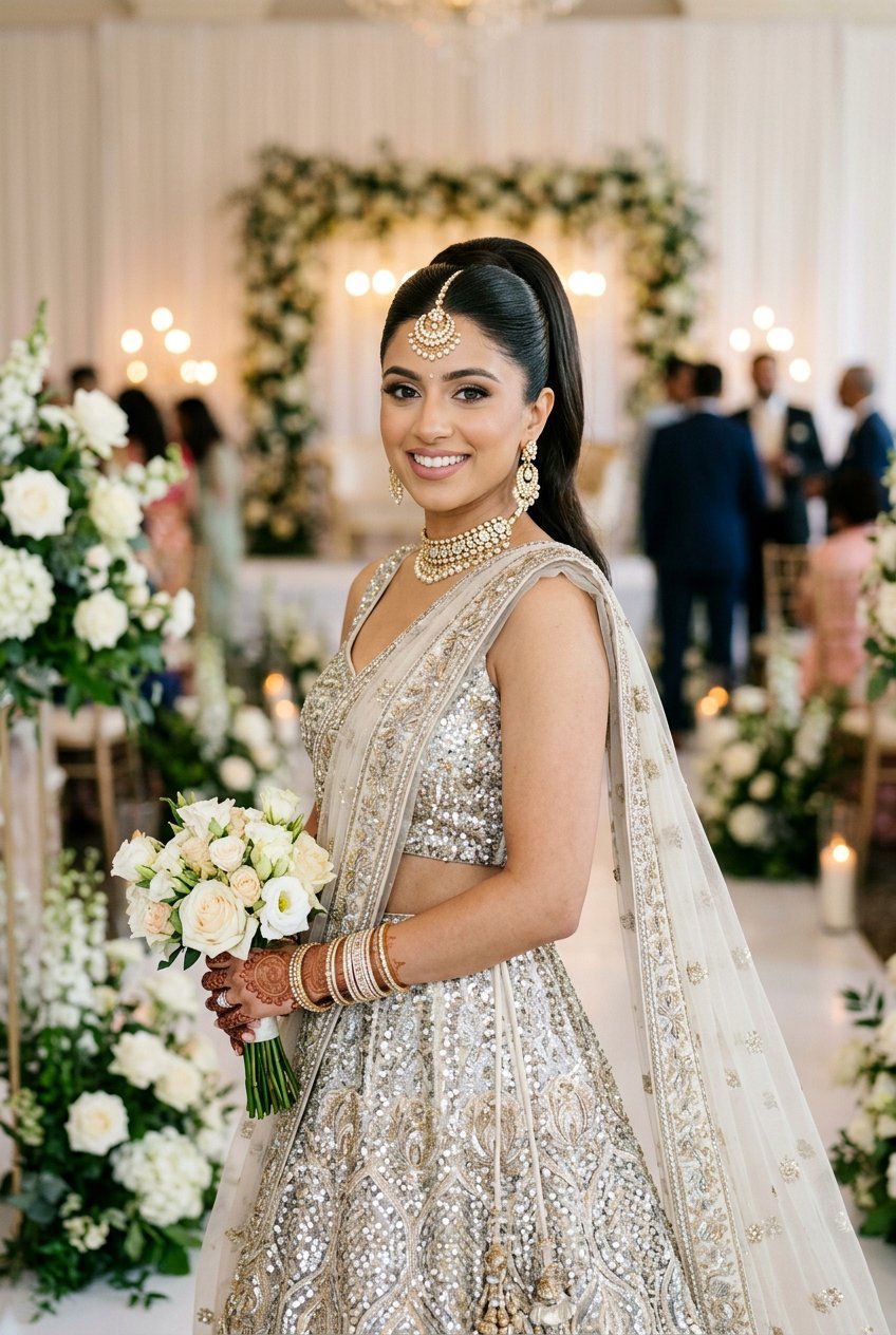 High Sleek Bridal Ponytail With Maang Tikka - 20 indian bridal ponytail hairstyle - 20 indian bridal ponytail hairstyle