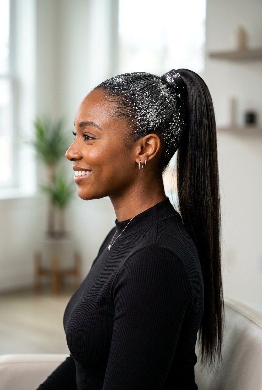 High Sleek Glitter Ponytail - 20 birthday hairstyle with glitter ponytail - 20 birthday hairstyle with glitter ponytail