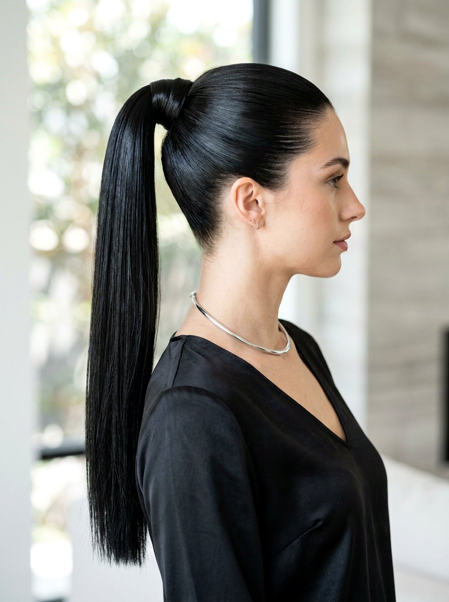 High Sleek Jet Black Ponytail - 20 soft goth ponytail hairstyle - 20 soft goth ponytail hairstyle