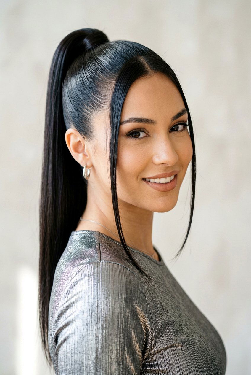 High Sleek Ponytail - 20 y2k ponytail with face framing strands - 20 y2k ponytail with face framing strands