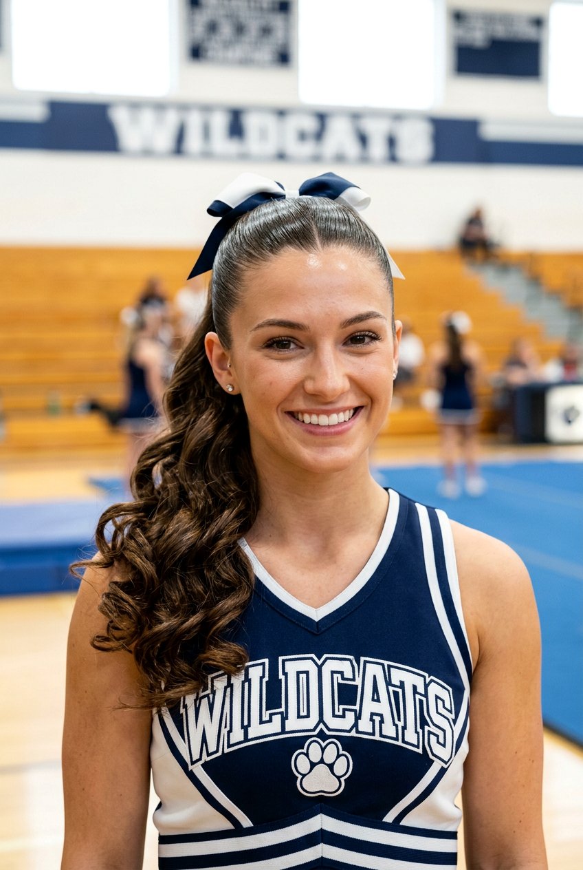 High Sleek Ponytail Cheerleading Hairstyle With Curls - 20 cheer ponytail with curls