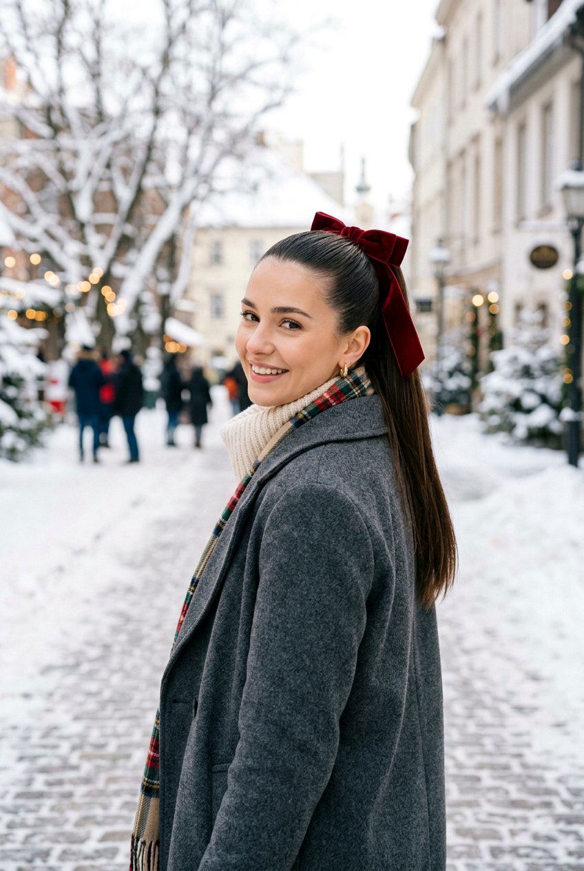 High Sleek Ponytail With Red Velvet Bow - 20 christmas bow ponytail - 20 christmas bow ponytail