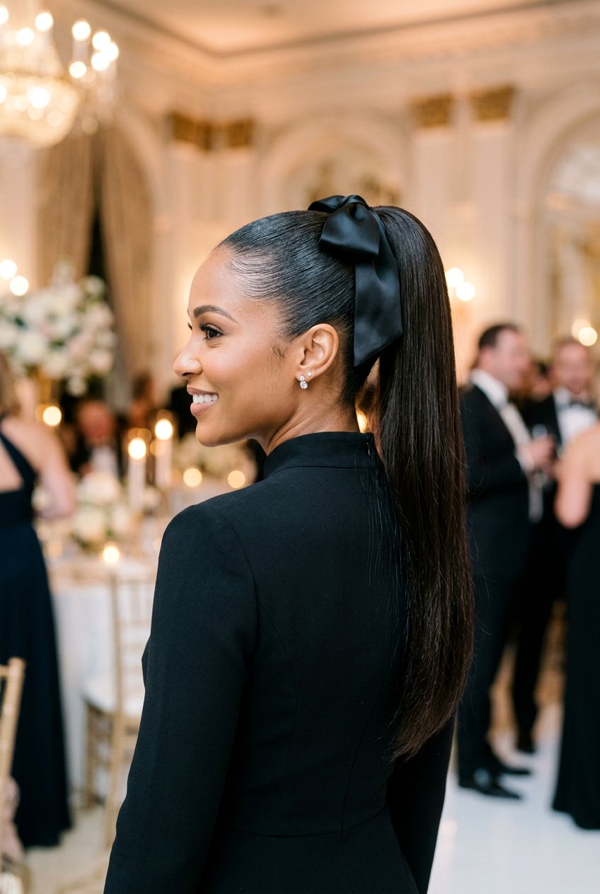 High Sleek Ponytail With Silk Bow - 20 birthday hairstyle with bow ponytail - 20 birthday hairstyle with bow ponytail