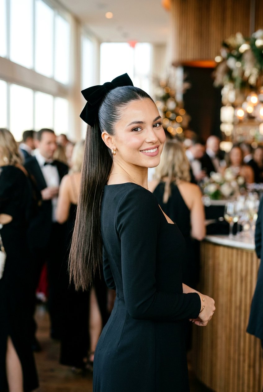 High Sleek Ponytail With Velvet Bow - 20 holiday ponytail with bow - 20 holiday ponytail with bow