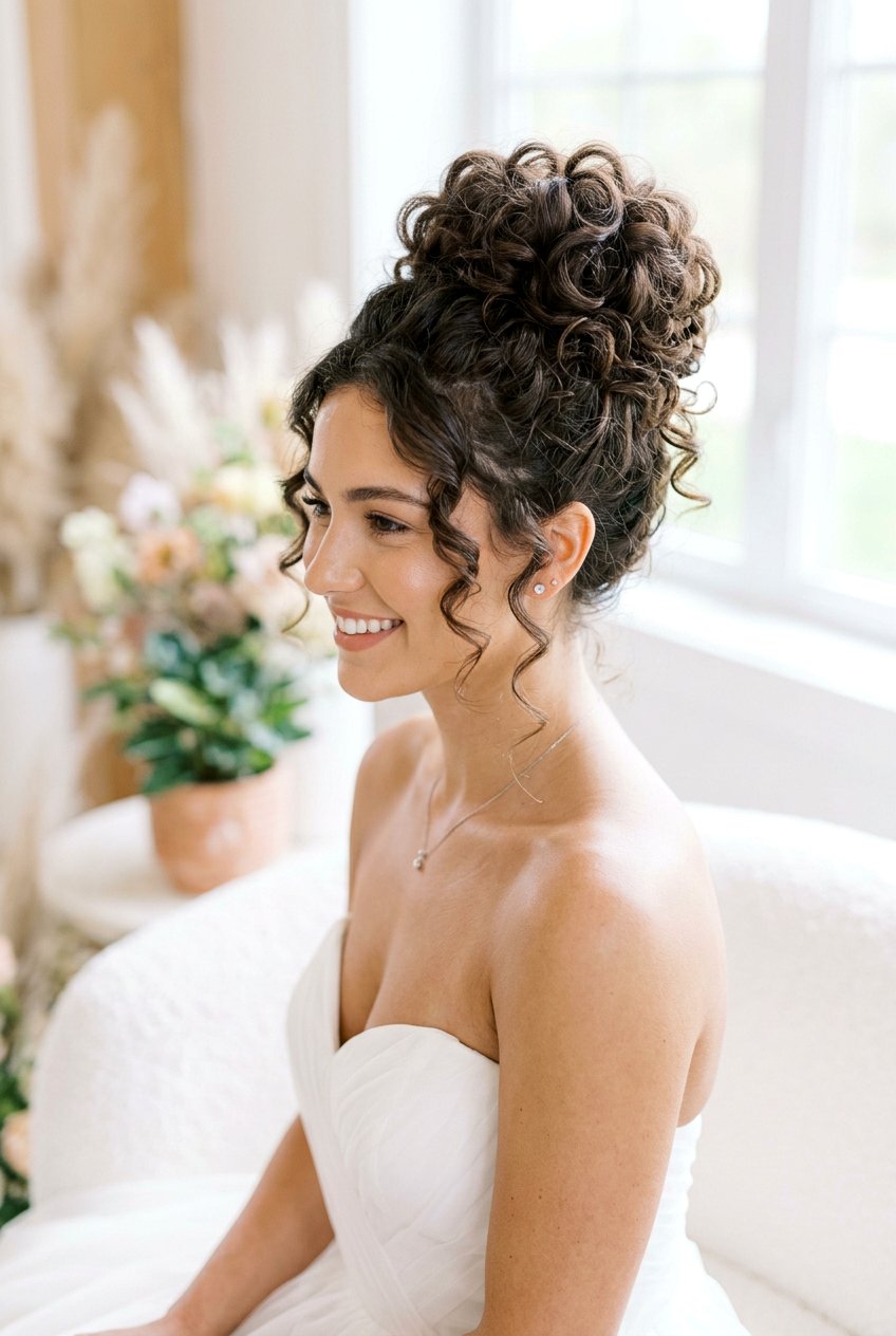 High Soft Curls Bun Updo - 20 soft curls updo hairstyle - 20 soft curls updo hairstyle