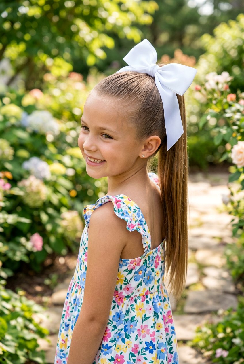 High Straight Ponytail With Large Satin Ribbon Bow - 20 little girls ponytail with ribbon bow - 20 little girls ponytail with ribbon bow