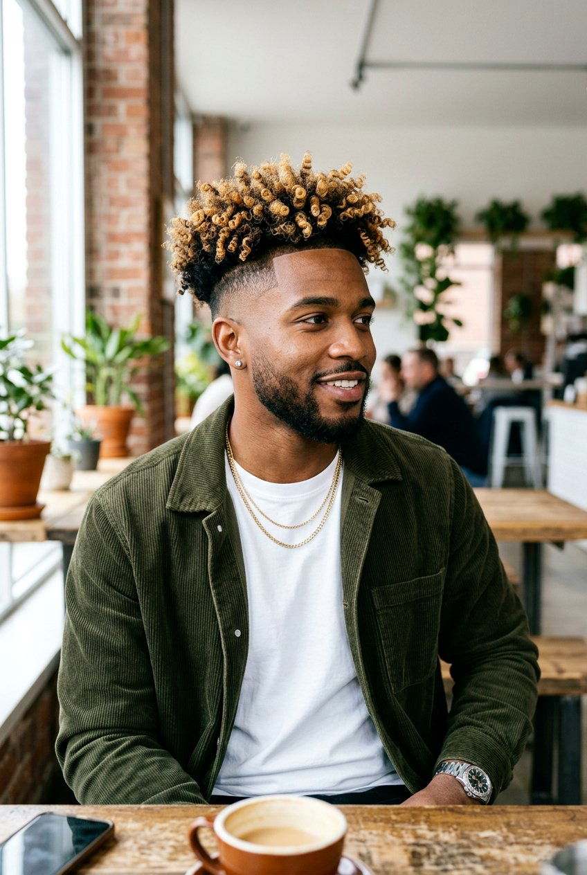 High Taper Curly Hair with Blonde Highlights - 20 curly taper cut with blonde highlights - 20 curly taper cut with blonde highlights