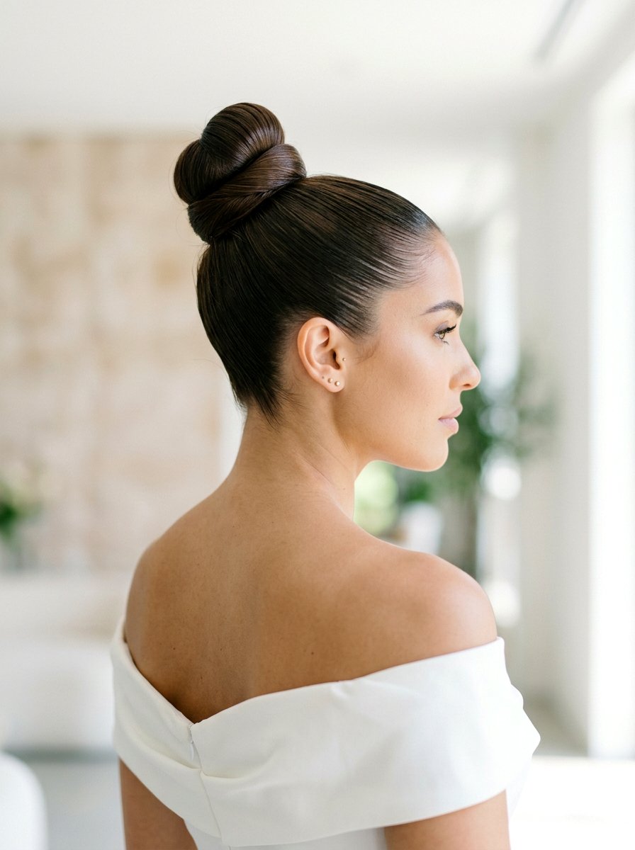 High Top Knot - 20 party hairstyle for off shoulder dress - 20 party hairstyle for off shoulder dress