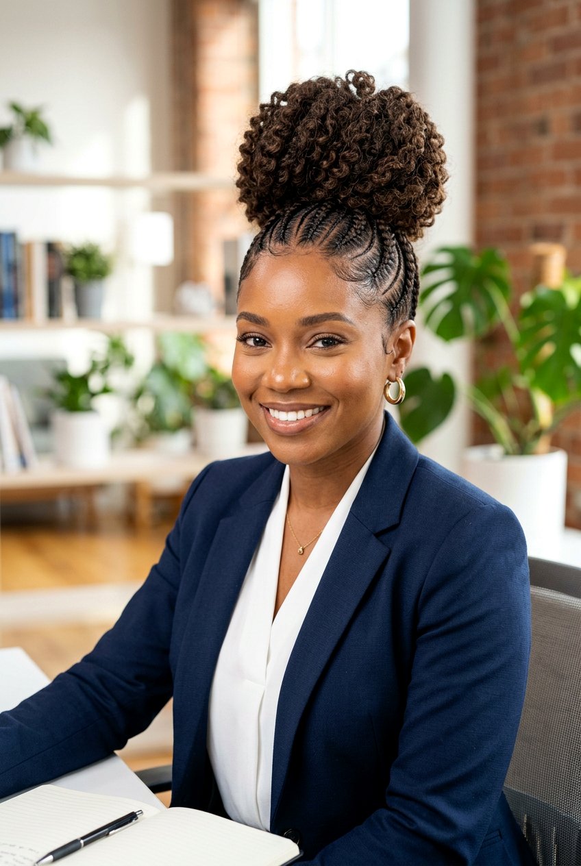 High Top Knot Feed In Braids - 20 feed in braids with curly bun - 20 feed in braids with curly bun