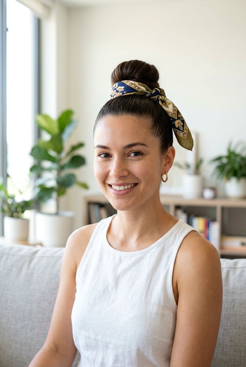 High Top Knot With Silk Scarf Wrap - 20 silk scarf bun hairstyle - 20 silk scarf bun hairstyle