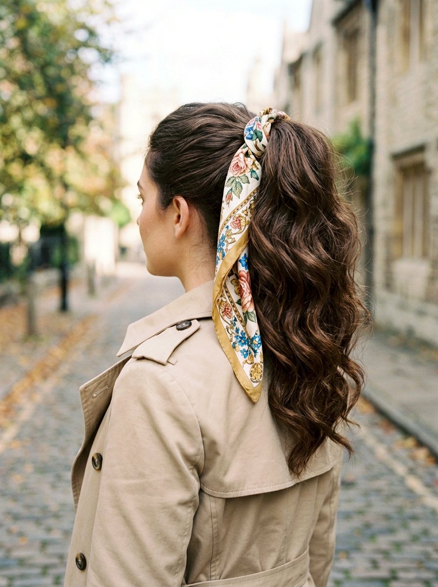 High Volume Ponytail With Scarf - 20 light academia ponytail hairstyle - 20 light academia ponytail hairstyle